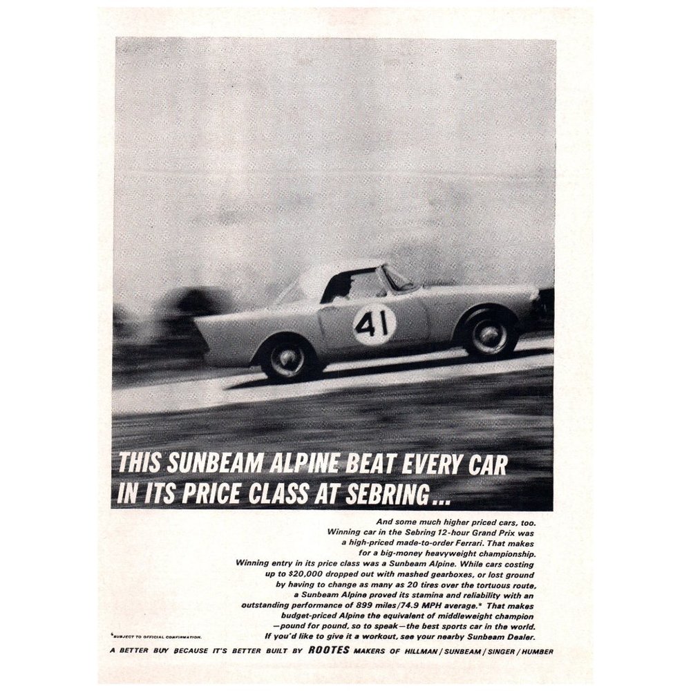 1962 Sunbeam Alpine 2 Door Coupe Sports Car Vintage Print Ad Racing Grand Prix